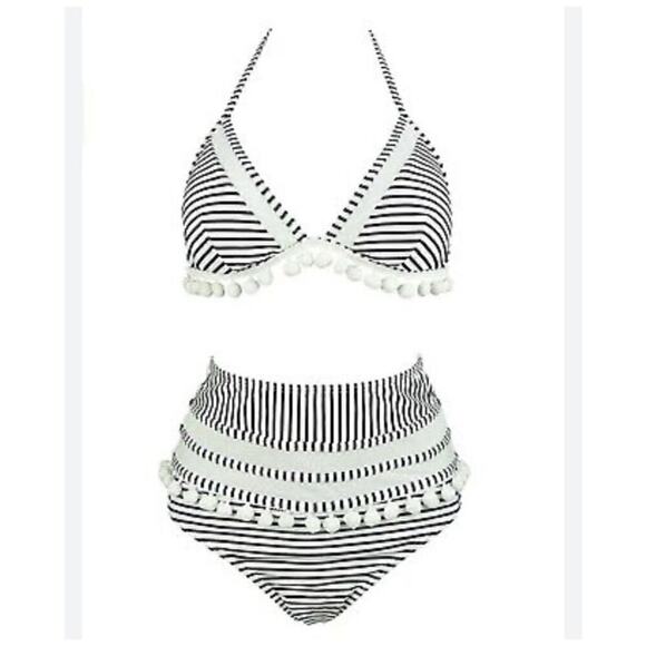 NWOT COCOSHIP Mesh Striped High Waist Bikini Set Tassel Trim Top Halter Swimsuit - Picture 2 of 4